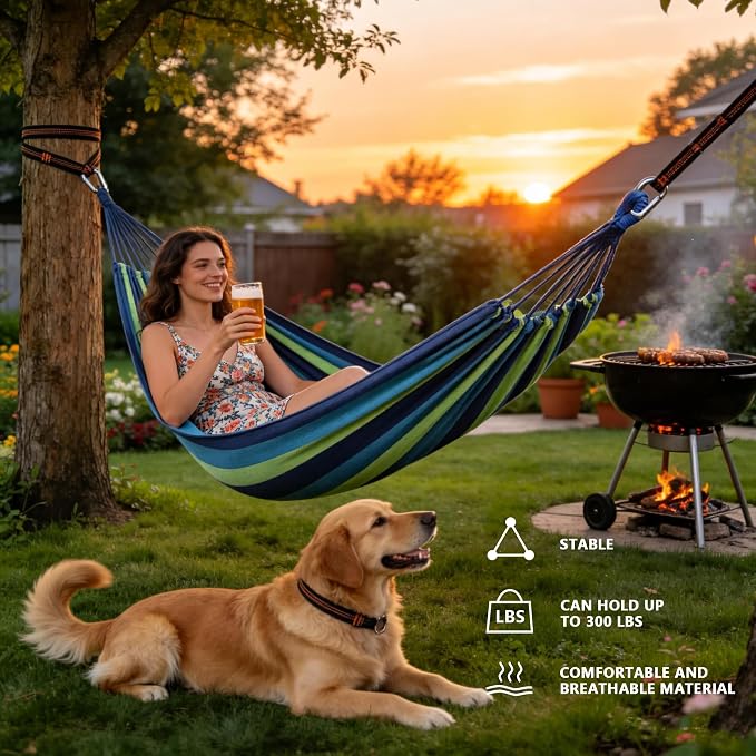 Outdoor Amacas Garden Camping Hammocks Portable for Patio Yard Porch Travel | Hammock Nylon Hiking Beach Backpack Survival Travel- Up to 300lbs with Tree Straps