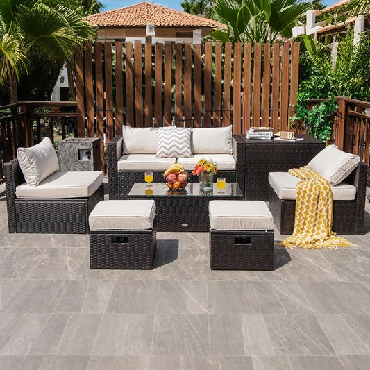 COSTWAY 8-Piece Outdoor Patio Furniture Set, Rattan Sectional Sofa, Armless Chairs, Side Table with Storage Ottoman & Glass Coffee Table, Space-Saving Conversation Set for Garden Deck (White)