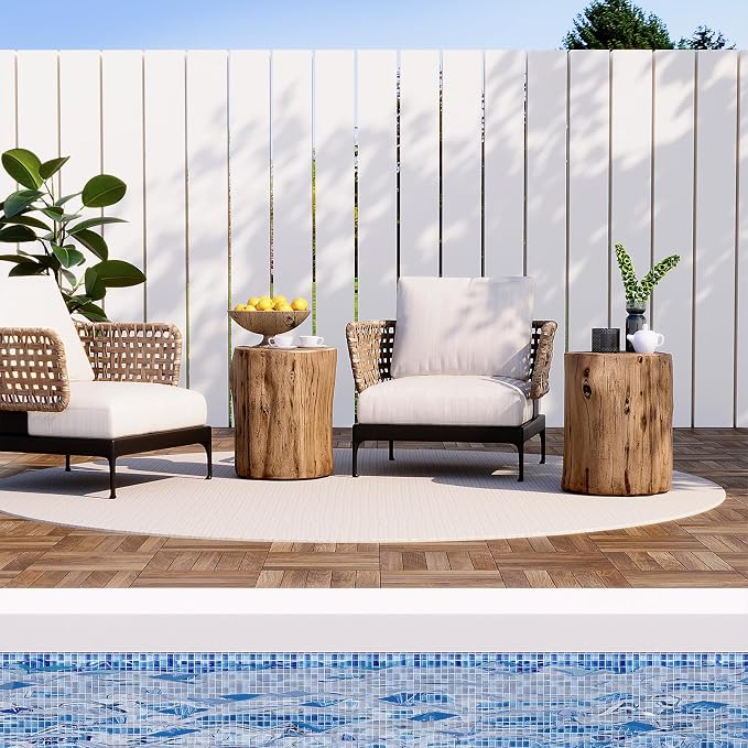 HOMPUS Concrete Outdoor Side Table Set of 2, 2 Piece Tree Stump Modern Round Coffee Table Accent Table Set Plant Stand Faux Wood End Table Garden Stool for Patio,Home Decor, Living Room, Oak