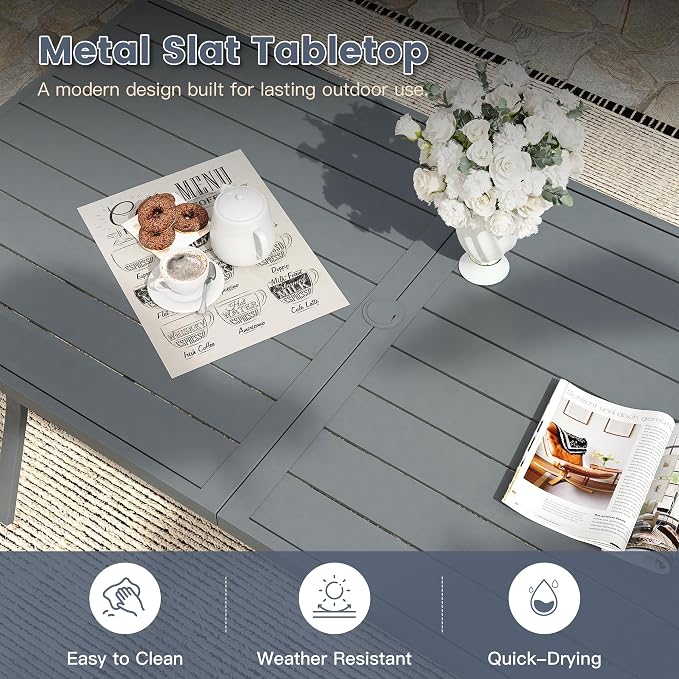 VICLLAX 63" Patio Dining Table for 6, Outdoor Rectangular Metal Table with Umbrella Hole for Porch Backyard Garden Deck, Dark Grey