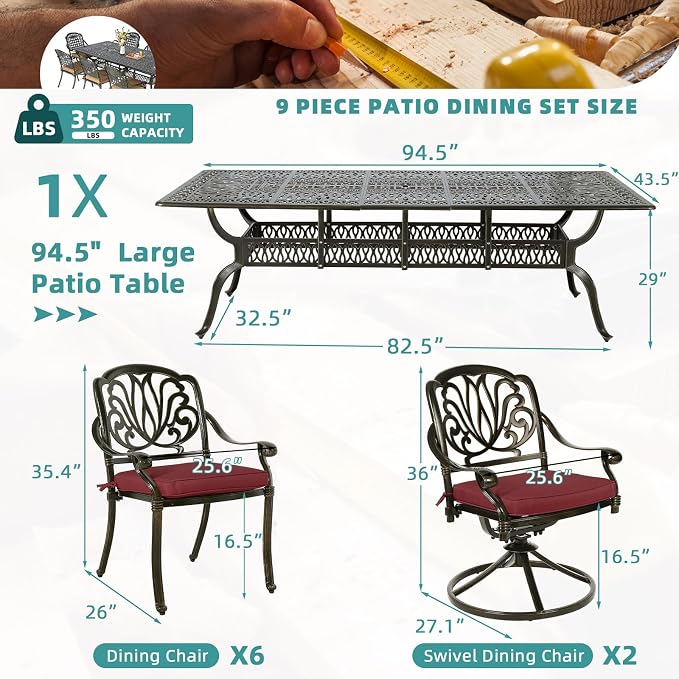 MEETWARM 9-Piece Outdoor Patio Dining Set, All Weather Cast Aluminum Patio Funiture Table and Chairs Set- 94.5” Rectangular Table and 2 Swivel Rocker Chairs, 6 Stationary, Umbrella Hole, Chili Red