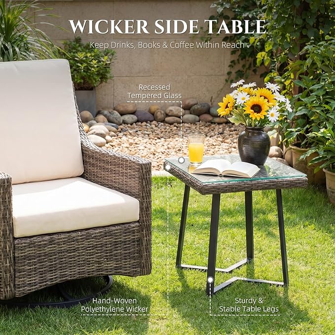 Outdoor Swivel Rocker Patio Chair with Premium Cushion, High Back Wicker Patio Swing Glider for Deck, Porch, Patio and Poolside (Beige, 2 Pcs - Swivel Glider & Side Table)