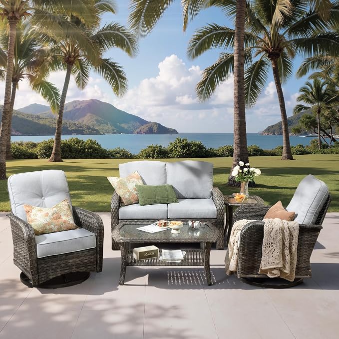 5-Piece Outdoor Patio Furniture Set with Swivel Chairs, Outdoor Conversation Wicker Sofa with Coffee Table, Rattan Couch for Deck Yard Poolside, Grey