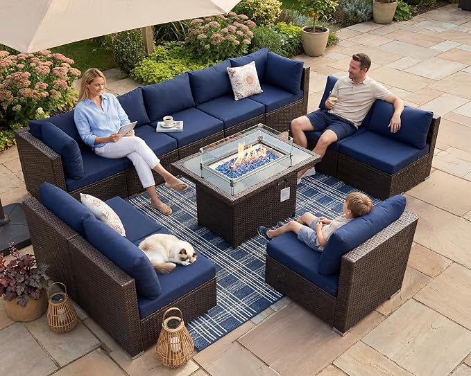 NICESOUL 11 Piece Outdoor Furniture Set with Fireplace Propane/Natural Gas, Luxury Patio Sectional 10-Person, 29.3'' High-Back Backyard Seating Area, All-Weather Rattan Couch Sofa, Brown & Blue