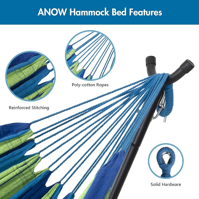 ANOW Double Hammock with Stand for Outside, Portable Space Saving Heavy-Duty Steel Stand for Indoor Outdoor Patio, 475 Lbs Capacity, Blue and Green Stripe