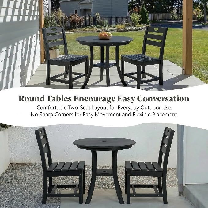 Black 3-Piece HDPE Outdoor Patio Bistro Set with Round Table and 2 Chairs