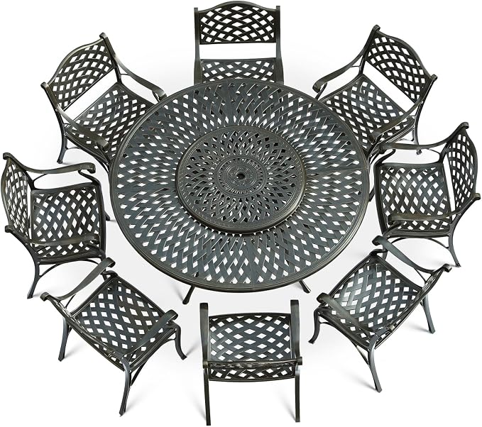 VIVIJASON 9-Piece Patio Dining Set, Rust-Free Cast Aluminum Outdoor Furniture Set, 8 Patio Dining Chairs and 61" Round Dining Table with 31" Lazy Susan, Umbrella Hole for Backyard, Patio, Garden