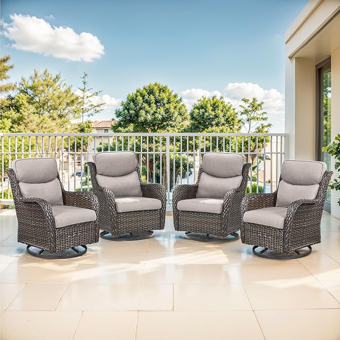 Outdoor Swivel Rocker Patio Chairs Set of 4-5" Thick Cushion 4 Piece Furniture Set All Weather Comfortable Wicker Conversation Set for Porch Poolside and Deck - Brown-Beige