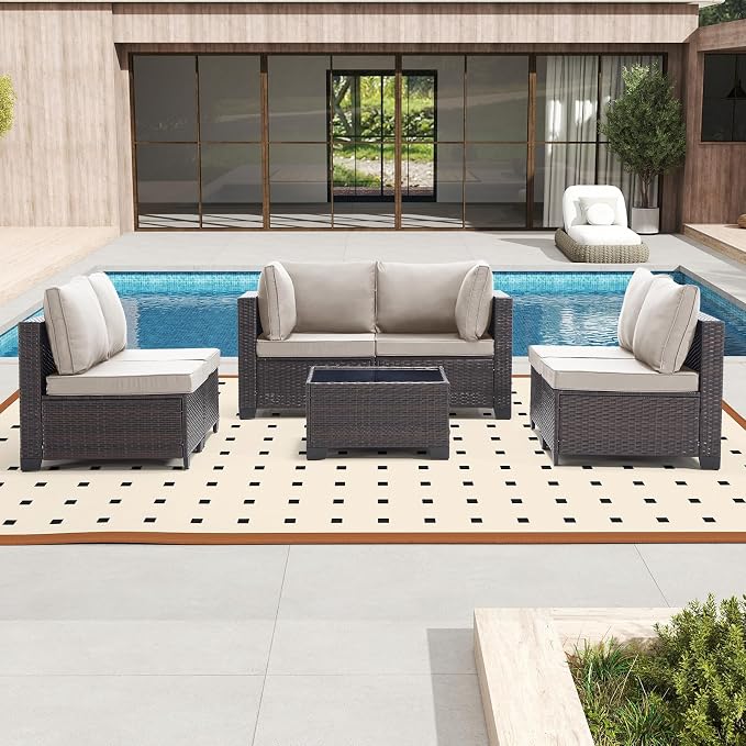Bonzy Home 5 Pieces Outdoor Patio Furniture Set, PE Rattan Outdoor Sectional Furniture Sofa Set with Removable Cover and Glass Coffee Table, Patio Sofa for Balcony, Porch, Garden, (Brown-Grey)