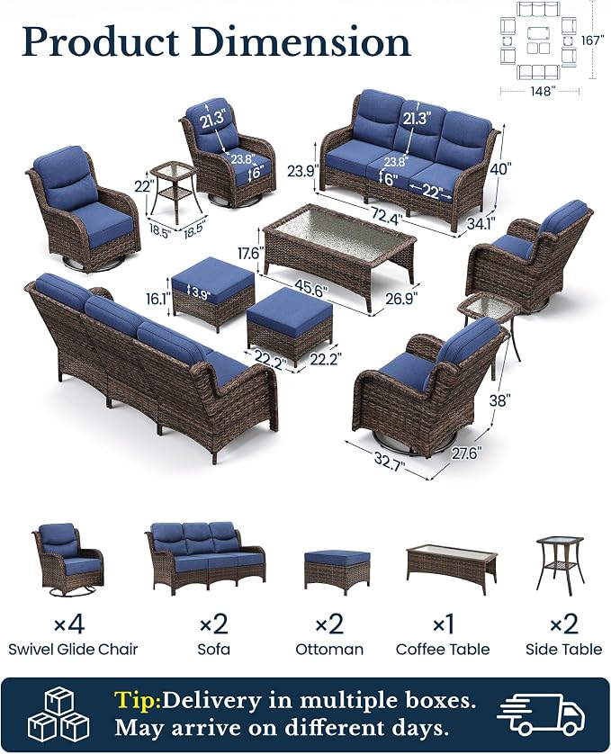 HILLGA Luxury Outdoor Patio Furniture Set with 6-Inch Thick Cushions, High Back Wicker Swivel Rocker Chairs, 11 Pcs All Weather Conversation Set for Large Deck, Yard and Poolside, Blue (V3)