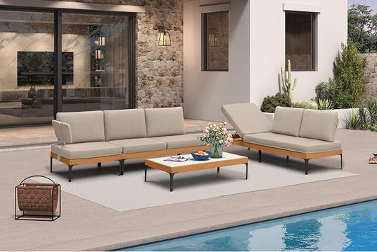 PURPLE LEAF Patio Furniture Set Outdoor Sectional Sofa with Coffee Table Fade-Resistant Cushions Wicker L-Shaped 5 Pieces Aluminum Convertible Daybed for Balcony Yard Garden Poolside, Taupe