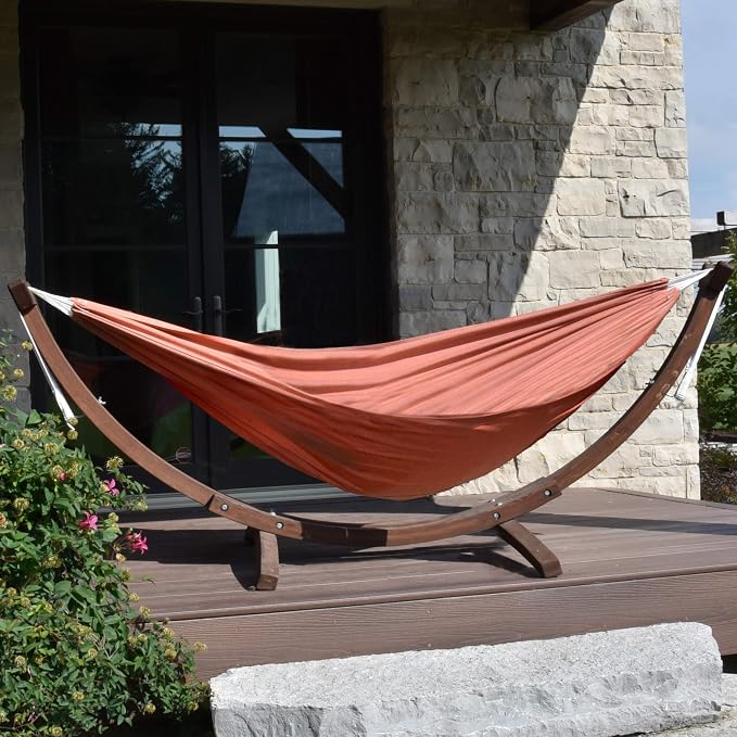 Vivere Double Sunbrella Hammock with Solid Pine Arc Stand - 450 lb Capacity, Durable FSC Wood Frame, Includes Hardware & User Guide - 450 lb Weight Capacity (Coral)