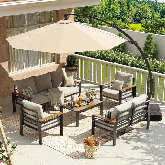 Aoxun Aluminum Patio Furniture Set with Umbrella 7 Seats, Oversized Outdoor Sectional with Washable Thick Cushions, Coffee Table, Patio Conversation Sets for Porch, Balcony, Deck