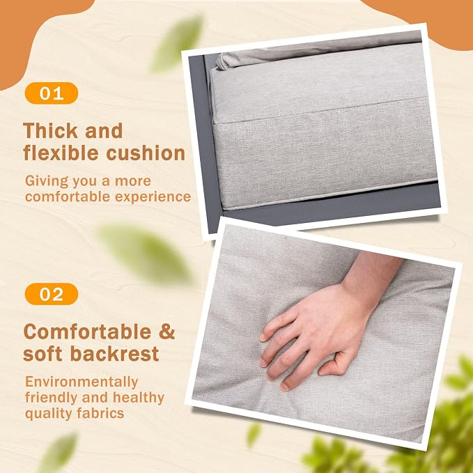 Greesum 4 Piece Furniture Patio Lounge Conversation Set Solid Wood Armrest & Table Top Anti-Drop Thick Waterproof Cushion, Light Gray