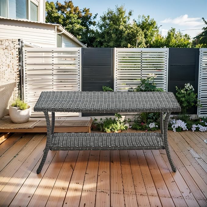 Wicker Outdoor Coffee Table,Rattan Outdoor Coffee Table with 2-Layer Storage Furniture Tables for Garden,Porch,Backyard