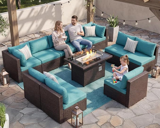 BULEXYARD 11 Piece High Back Wicker Patio Furniture Sets with Fire Pit, Luxury Plus Size Outdoor Seating Set, Comfortable Extra Wide Deep 10-Seater Sectional Couch Sofa for Outside, Brown & Turquoise