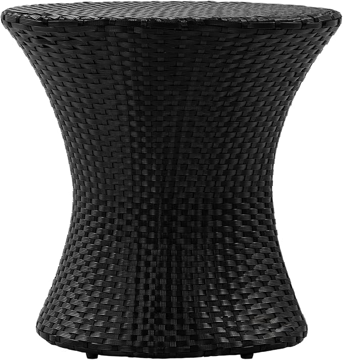 Outdoor Wicker Side Table, Lightweight & Water-Resistant All-Weather, Small Rattan End Table Hourglass Shape Wicker Patio Table, for Patio Porch Living Room, Black