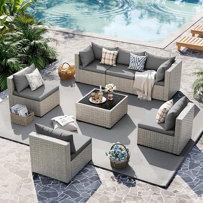 UDPATIO Outdoor Patio Furniture Set, 7 Pcs PE Wicker Sectional Sofa with Tea Table, Outdoor Conversation Set for Patio, Garden, Backyard (Grey Cushions with Light Grey Rattan)