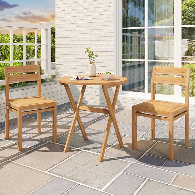 Tangkula 26-Inch Acacia Wood Outdoor Dining Table Set of 2, Folding Patio Round Dining Table with Slatted Tabletop & X-Shaped Frame, for Porch, Garden, Backyard, Poolside (2)