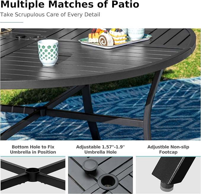 MFSTUDIO 42" Big Outdoor Dining Table with Adjustable mbrella Hole, Patio Metal All-Weather Round Table for Backyard Lawn Garden