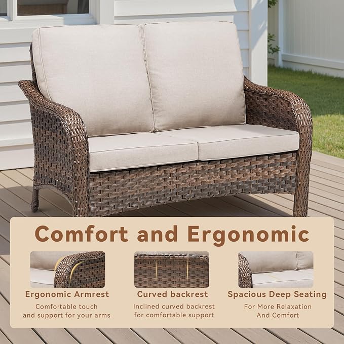 3 PCS Patio Furniture Set, Outdoor Wicker Loveseat with 2 Ottomans, 4-Inch Thick Olefin Cushions & Curved Armrests, 300 lbs Capacity Rattan Sofa Set for Porch, Balcony, Backyard, Beige