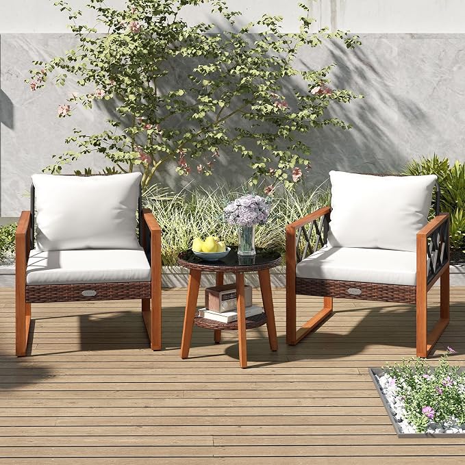 Tangkula 3 Pieces Patio Wicker Furniture Set with Acacia Wood Frame, Outdoor Conversation Cushioned Chairs and 2-Tier Tempered Glass Coffee Table for Porch, Balcony, Garden and Backyard (Off White)