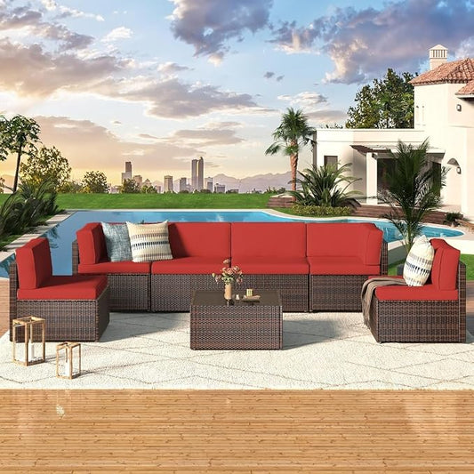 7 Piece Outdoor Patio Furniture Set with Cushions, PE Rattan Wicker Sectional Furniture Chair Set with Tea Table, Modular Patio Sofa for Garden, Backyard, Balcony Outdoor Lounge Area(Red)