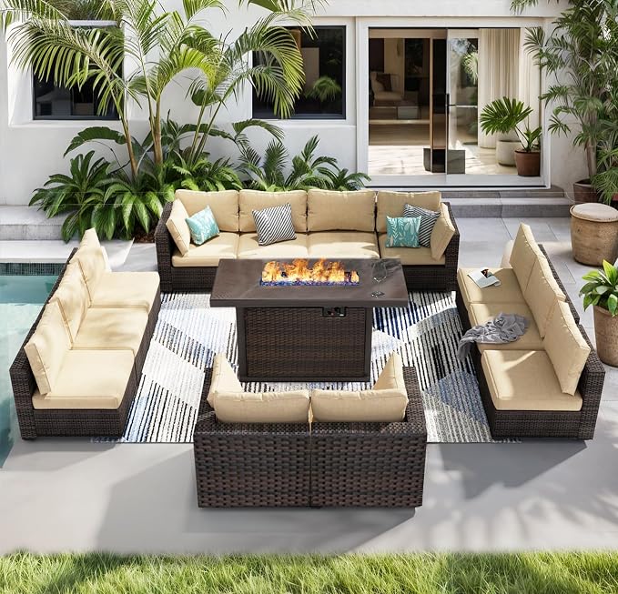 13 Piece Patio Furniture Set with Fire Pit Table All Weather PE Rattan Outdoor Sectional Sofa Couch with No-Slip Cushions for Garden, Poolside, Backyard (Beige)