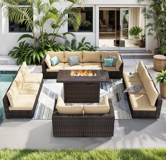 13 Piece Patio Furniture Set with Fire Pit Table All Weather PE Rattan Outdoor Sectional Sofa Couch with No-Slip Cushions for Garden, Poolside, Backyard (Beige)