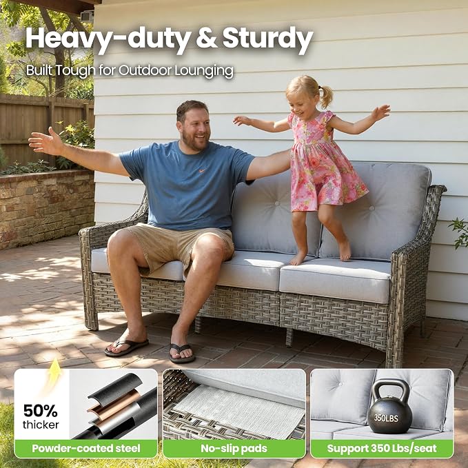 2 Piece Patio Furniture Set, Outdoor Wicker Chairs Set of 2 with Thick Cushion, Heavy Duty High Back Comfortable Chair for Small Balcony Porch Garden, Grey