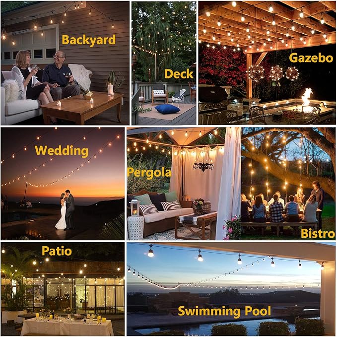 Outdoor String Light 48FT LED Heavy-Duty Patio Lights String Linkable with Shatterproof 15 LED Bulbs for Outside Cafe Porch Market String Lights