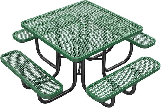 Heavy Duty Picnic Table with Umbrella Hole, Expanded Meta Outdoor Metal Patio Dining Table & Outdoor Bench Set, Steel Mesh Dining Furniture for Garden, Lawn, Patio (47 INCH Green Square Table)