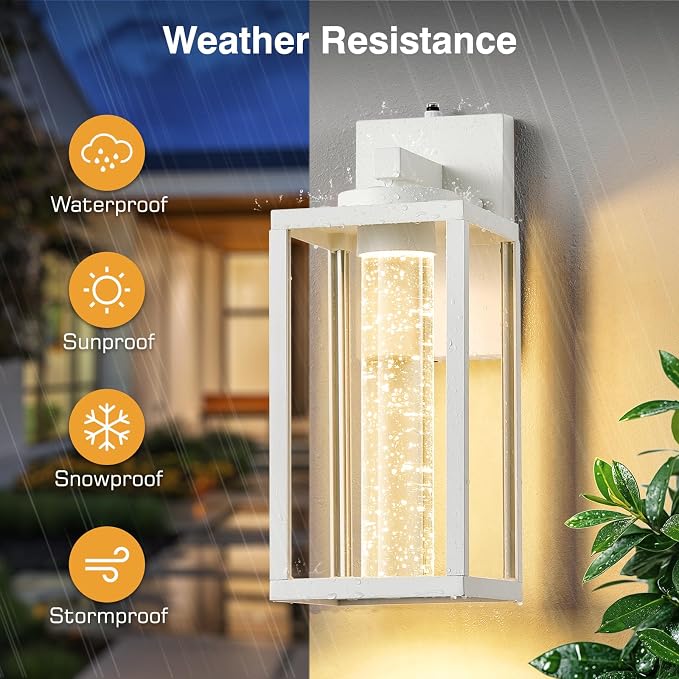 VIANIS White Porch Lights Outdoor, Large Exterior Sconce Lighting for House with Integrated 10W LED Light Source, 100% Aluminum Exterior Light Fixture Wall Mount for Garage with Crystal Bubble Glass