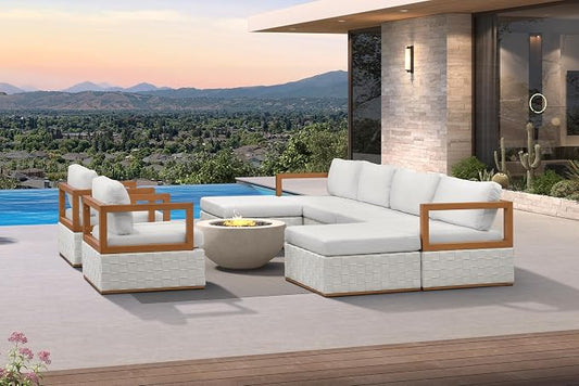 PURPLE LEAF Patio Outdoor Furniture Set 8 Pieces, Premium Leather Outdoor Couch Sectional Sofa, Patio Conversation Sets with Olefin Cushions, Patio Couch for Porch, Garden, Balcony, White