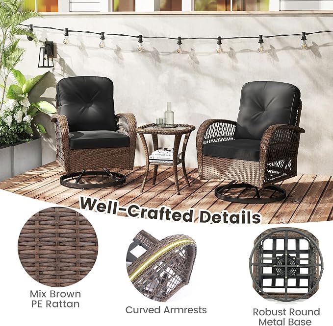 ORALNER 3 Pieces Wicker 360° Swivel Rocker Set Patio Furniture, Rocking Chairs with Cushions, Tempered Glass Coffee Table, Outdoor Rattan Bistro Set for Balcony Front Porch Deck Poolside (Black)
