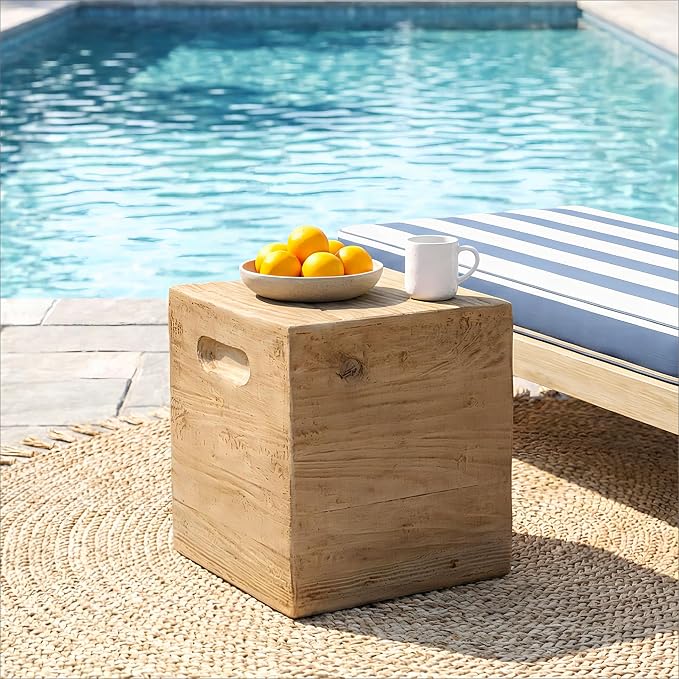 HOMPUS Outdoor Side Table w Groove Handle, Patio MgO Concrete Natural End Table, Square Accent Small Coffee Table for Garden, Patio, Porch and Deck, Light Oak