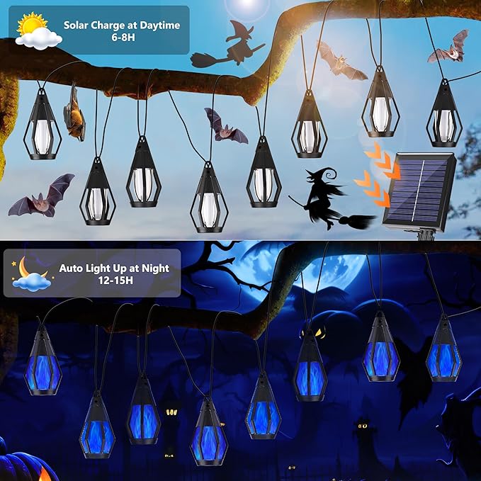 Solar String Lights for Outside, 33Ft Solar Patio Lights with 15 Flickering Flame Light Bulbs, Waterproof Blue Solar Powered Outdoor Light for Garden Yard Patio Gazebo Bistro Cafe Porch Party Decor