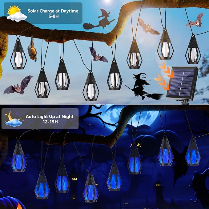 Solar String Lights for Outside, 21Ft Solar Patio Lights with 10 Flickering Flame Light Bulbs, Waterproof Blue Solar Powered Outdoor Lights for Garden Yard Patio Gazebo Bistro Cafe Porch Party Decor