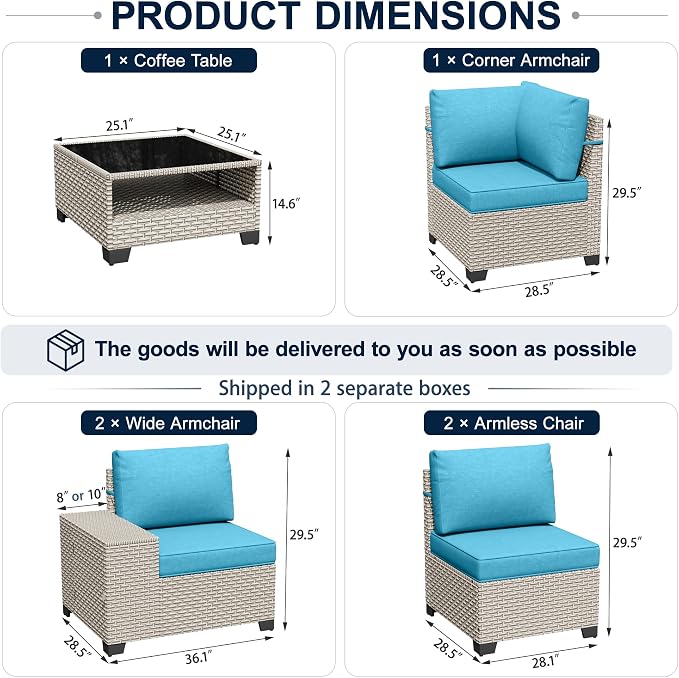 6-Piece Outdoor Patio Furniture Set, Modular Sectional Sofa Set with Glass Coffee Table and Cushions, Wicker Outdoor Couch Conversation Sets, Turquoise