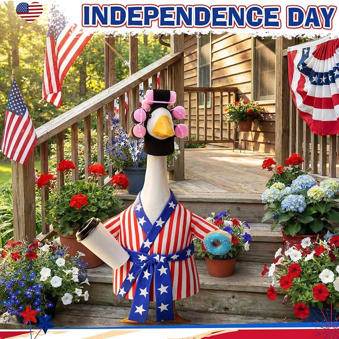 Shyyween Patriotic 4th of July Porch Goose Outfit 23 Inch American Lady Goose Statue Clothes Red White and Blue Bathrobe Coffee Cup Curlers 250th Anniversary Garden Lawn Decor