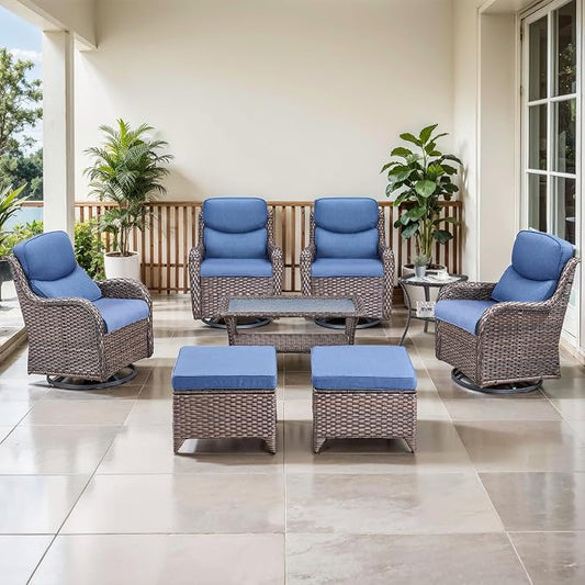 Outdoor Swivel Rocker Patio Chairs Set of 4 with Coffee Table - 5" Thick Cushion 8 Piece Furniture Set All Weather Comfortable Wicker Conversation Set for Porch Deck - Brown/Blue