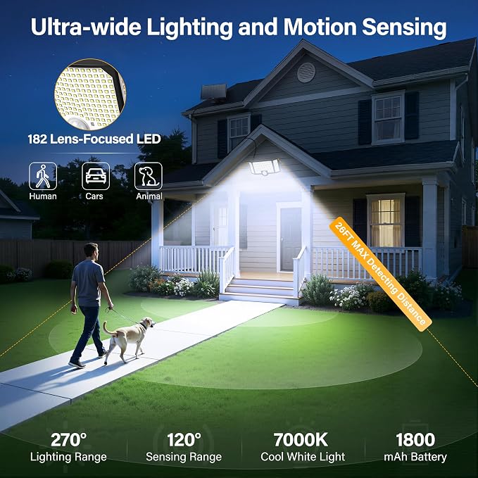 Solar Flood Lights Outdoor with Motion Sensor 3 Modes, 2 Pack | 182 Leds Solar Motion Lights, 3 Head 270° Wide Angle, IP65 Waterproof Security Lights with 16.4FT Cable for Patio Yard Garage