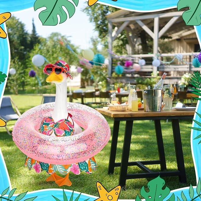 Hawaiian Porch Goose Outfits Summer Bikini Goose Clothes Costume Fits 23" Goose Statue with Hat Sunglasses & Swimming Ring