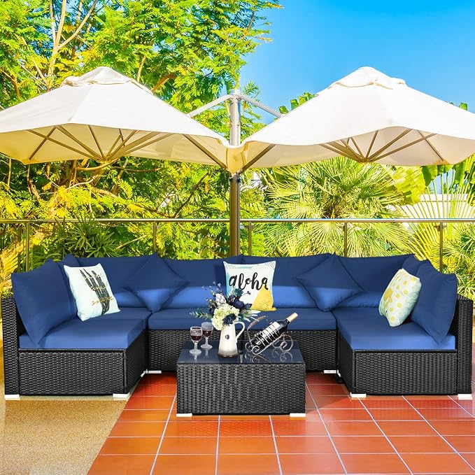 COSTWAY 7 Pieces Patio Furniture Set, Outdoor Rattan Conversation Set with 6 Seats, Coffee Tea Table, Soft Cushions, Wicker Patio Sectional Sofa for Garden Balcony Porch Poolside, Navy