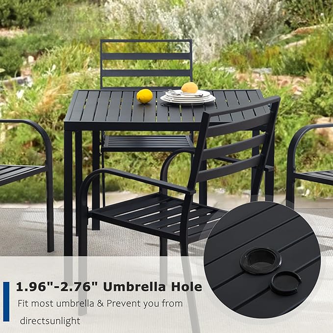 Square Outdoor Dining Table for 4, Metal Patio Dining Table with Umbrella Hole for Garden, Backyard and Deck, Black