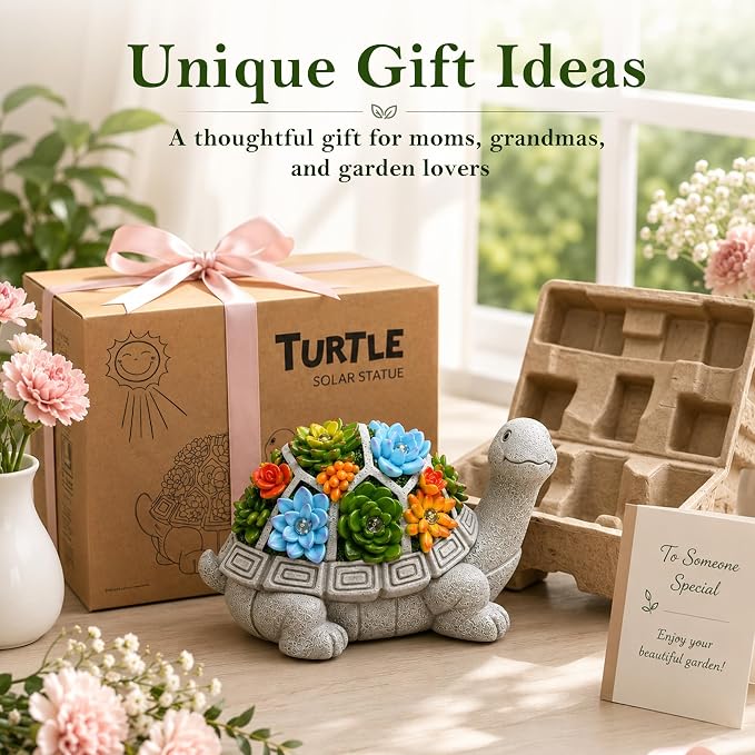 Nacome Solar Garden Outdoor Statues Turtle with Succulent | 7 LED Lights, Lawn Decor Statue for Patio, Balcony, Yard Ornament, Gifts for Mom Grandma Women