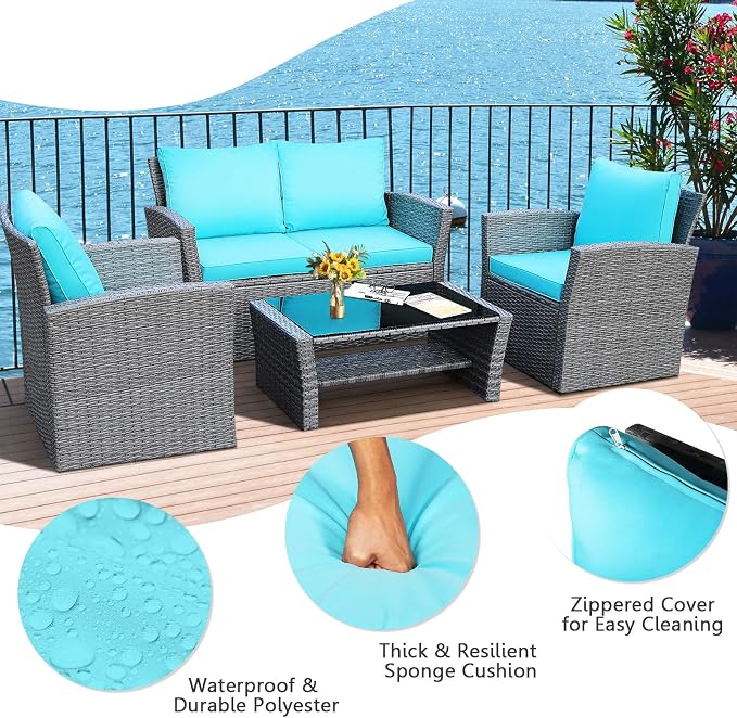 RELAX4LIFE 4-Piece Patio Conversation Seat - Wicker Sofa Set w/Seat & Back Cushions, Coffee Table w/Tempered Glass Tabletop, Outdoor Rattan Sofa Set for Backyard, Porch (Turquoise)