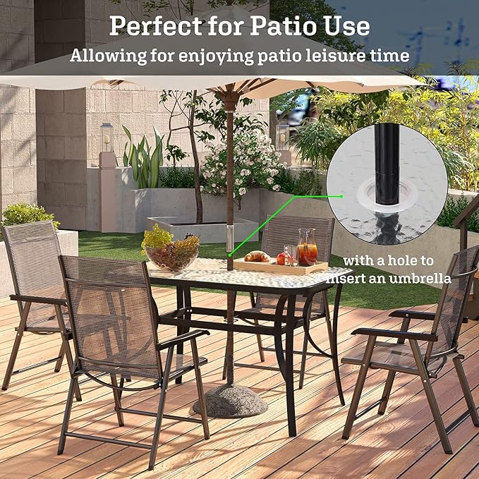 SogesPower Outdoor Tempered Glass Table Patio Dining Table with Umbrella Hole Steel Frame 47 Inch Black