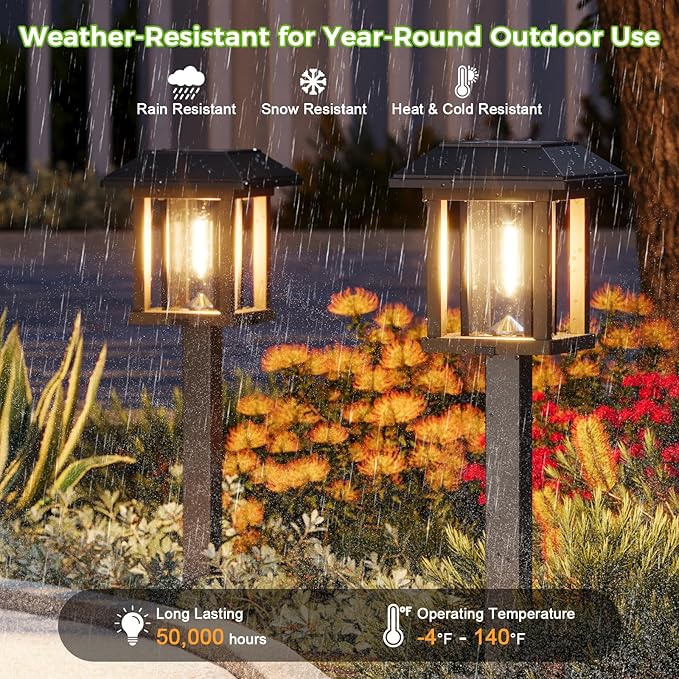 XMCOSY+ 4-Pack Solar Pathway Lights Outdoor, 25 Lumens Solar Garden Lights | IP65 Waterproof Seeded Glass & Metal Stakes, 2-Tone Vintage Edison LED Landscape Lighting for Yard, Patio, Walkway & Driveway