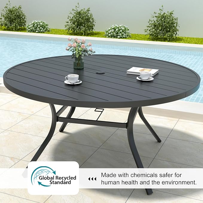 Anmutig 58" Outdoor Patio Round Dining Table, Large Metal Slatted Round Tabletop with Adjustable Umbrella Hole for Deck Lawn Garden Backyard Balcony Deck, Black